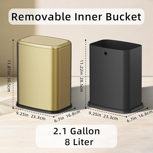 8L/2.1 Gallon Small Bathroom Trash Can with Lid, Swing-Top Rectangular Waste Bin, Stainless Steel Garbage Can for Home, Office, Toilet, Bedroom, Living-Room (Gold)