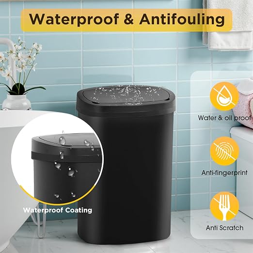 BestOffice | 13 Gallon Plastic Trash Can with Lid | Dark Black | Automatic Touchless Garbage Can | Odor Control | Modern Oval Design | Easy to Clean | For Kitchen, Bathroom, Office or Home