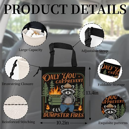 Dumpster Fire Humor Raccoon Car Garbage Bag Canvas Trash Can | Funny Forest Raccoon Drawstring Car Trash Bag Hanging for Back Seat with Adjustable Buckle