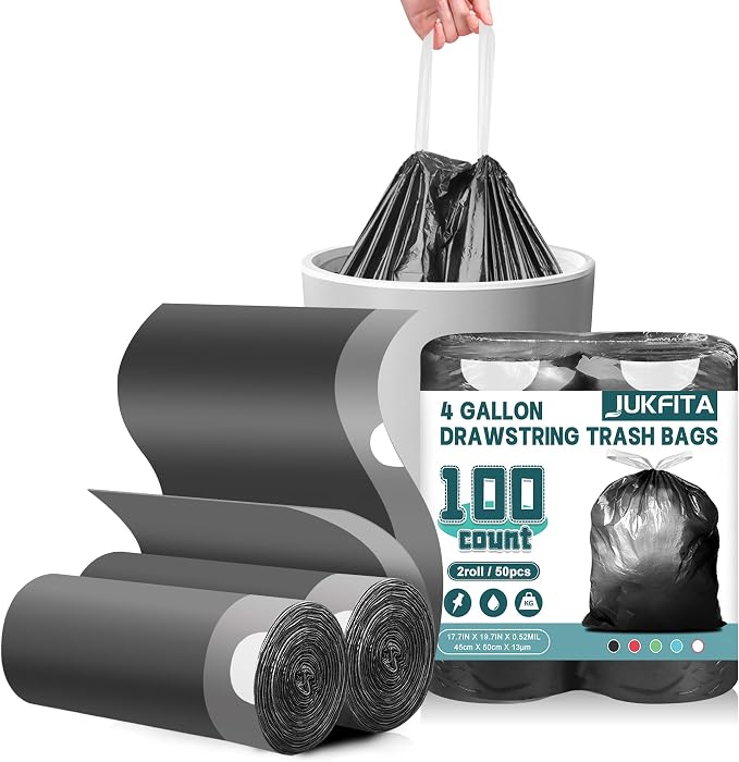 Small Trash Bags, 100 Count 4 Gallon Drawstring, Black | Tear-Free, Unscented, Small Garbage Bags, For Bathroom Kitchen Office Bedroom