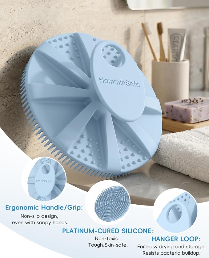 1 Pack Soft Silicone Shower Brush, Body Exfoliating Skin Massage Scrubber | Body Wash Bath Dry Skin Brushing Glove Loofah, Fit for Sensitive and All Kinds of Skin(Sky Blue)