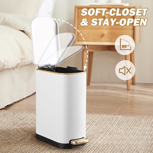 SYNCVIBE Bathroom Trash Can with Soft Close Lid 3.5 Gallon Matte White | Stainless Steel Garbage Can with Removable Inner Bucket Slim Trash Bins with Step Pedal for Bedroom, Office
