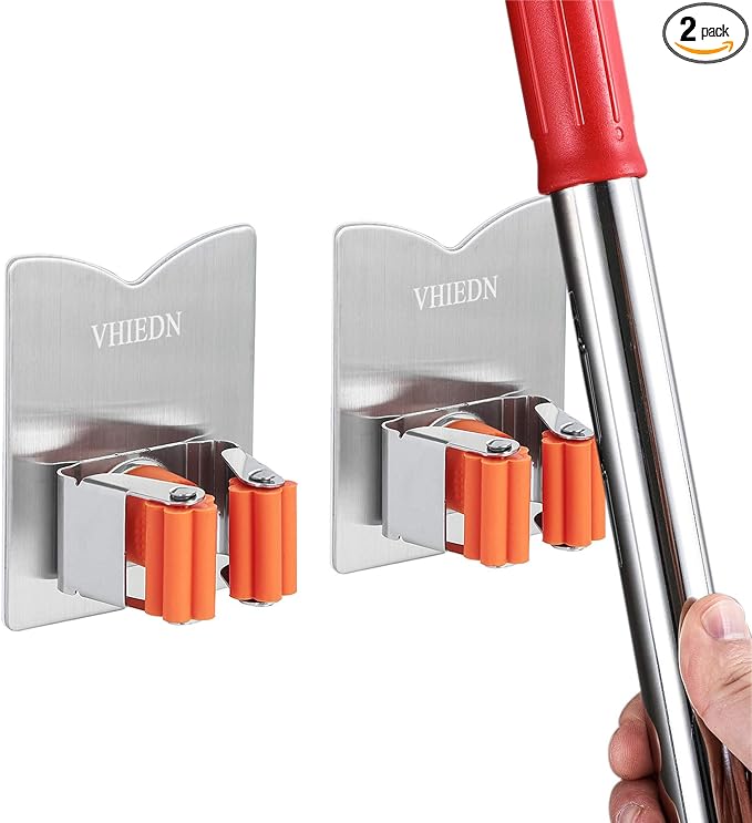 Broom Holder Wall Mount, 2 Pack Orange Stainless Steel Mop and Broom Organizer, Heavy Duty 15 Lbs Self Adhesive Tool Hanger, No Drill V-Shape Broom Hooks for Garage, Kitchen, Bathroom