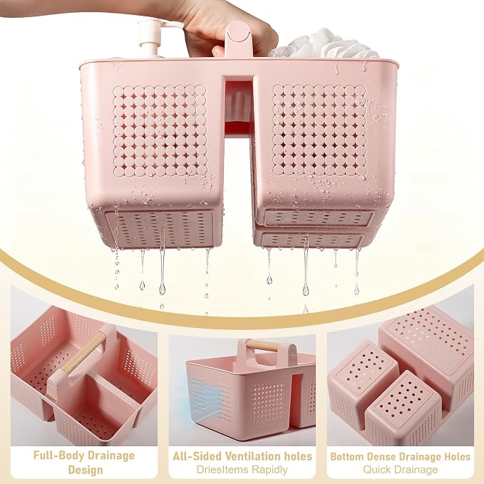 Portable Shower Caddy Basket Plastic Caddy Organizer with Handle Pink | Sturdy Drainage Large Capacity Cleaning Supplies Caddy Tool Storage for Bathroom Kitchen Bedroom College Dorm Essentials