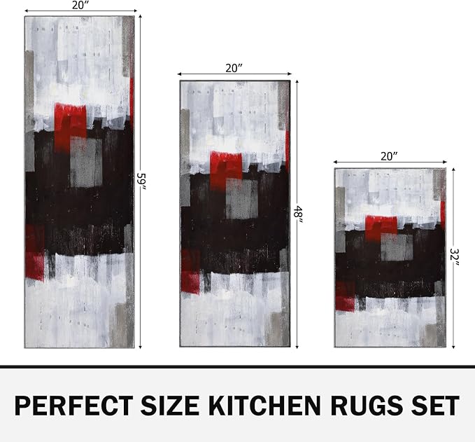 TOMWISH Kitchen Mats for Floor 2 Piece Set Red and Grey Kitchen Runner Rug | Non Skid Cushioned Kitchen Floor Mat Vintage Office Farmhouse Runner Mat for Laundry 20"X32"+20"X48"+20"X59"