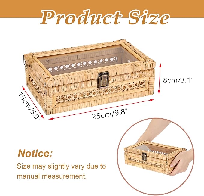 Hipiwe Rattan Storage Box with Lid Vintage Decorative Basket for Home Decor | Handwoven Wicker Basket Box for Display, Rectangular Storage Bin for Remotes, Keepsake, 9.8" x 5.9" x 3.1"