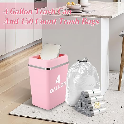 Bathroom Trash Can with Lid 4 Gallon Pink Trash Can with Swing Lid Bedroom Trash Can Small Garbage Can with 150 Counts Trash Bags for Bathroom Bedroom Office Restroom Dorm