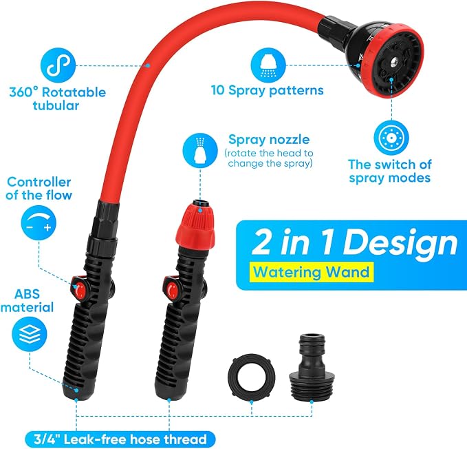 2 in 1 Bendable Watering Wand Heavy Duty for Garden/Car Cleaning | Use with 10 Spray Patterns, 29In Long Hose Nozzle Sprayer, Fits 3/4” Quick Coupling/Garden Hoses