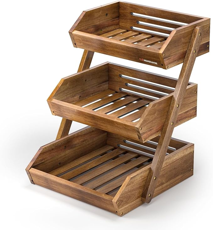 G.a HOMEFAVOR 3-Tier Acacia Wood Fruit Basket for Kitchen, Self-assembly | Large Fruit Bowl for Kitchen Countertop, Fruit Stand Storage Holder for Vegetables and Snack Home Organizer