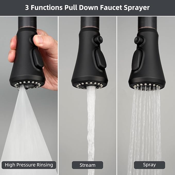 Hibbent Pull Down Spray Head for Kitchen Faucet, 3-Function Sink Nozzle | NSF/ANSI/CAN 61/372 & cUPC Certified Faucet Head Replacement, 15 Adapters, Compatible with Moen, Delta, Kohler, Matte Black