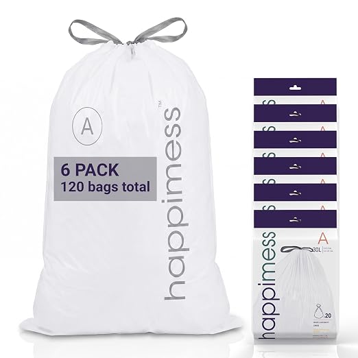 happimess 20-Count Unscented 8 Gal Drawstring Trash Bags, White, Pack of 6 | 30 Liters, Heavy Duty LDPE Plastic, Tear And Puncture Resistant, Tailored Custom Fit, Recyclable