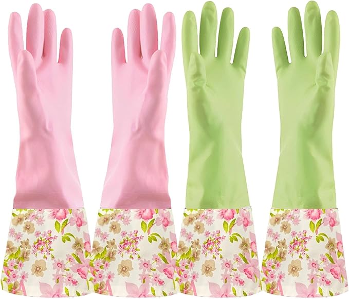 KINGFINGER Rubber Latex Waterproof Dishwashing Gloves for Kitchen,Precision Flocking Household Cleaning Gloves 2 pairs