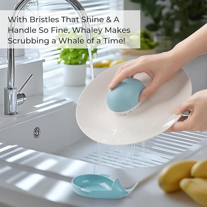 Whale Dish Brush – Cute Whale Scrub Brush for Dishes & Veggies, Palm Cleaning Brush, Funny Kitchen Gadget, Sink Accessories, Unique Gifts for Women, Housewarming or White Elephant Gifts