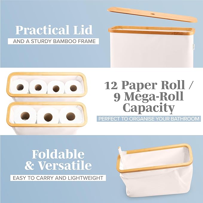 LONBET Toilet Paper Storage for 12 Rolls, Stackable & Foldable - The Ultimate Bathroom Organizer - Waterproof Basket with Bamboo Lid - Elegant Toilet Paper Storage Holder, Beige