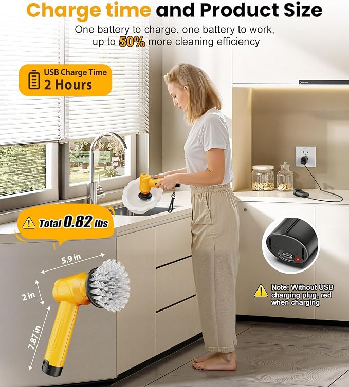 Electric Spin Scrubber Q4, 5000mAh Large Battery, 248-Min Runtime, 600RPM | Handheld Power Dish Scrubber with Display and 5 Brush Heads; Cordless Shower Cleaning Brush for Bathrooms, Sinks and Windows