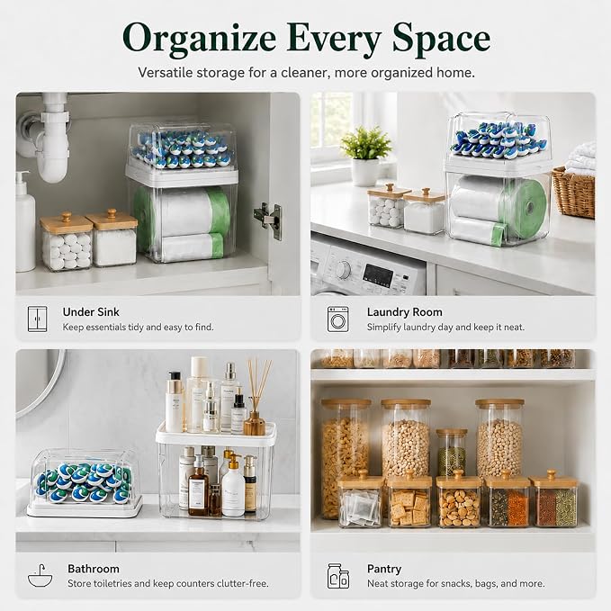 Trash Bag Holder & Dishwasher Pod Dispenser with 2 Bamboo Lid Storage Containers, Clear Acrylic Under Sink Organizer for Garbage Bags, Laundry Detergent Pods & Tabs, Kitchen Pantry Laundry Room