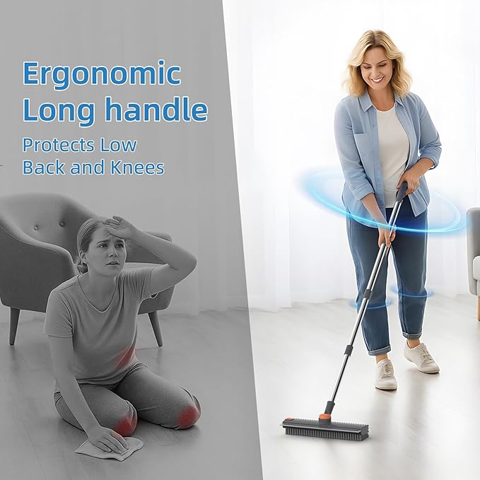 Floor Scrub Brush with Long Handle, 3 in 1 Scrape and Heavy-Duty Stiff Bristle Floor Scrubber Brush Broom with Squeegee and Tweezer for Cleaning Grey