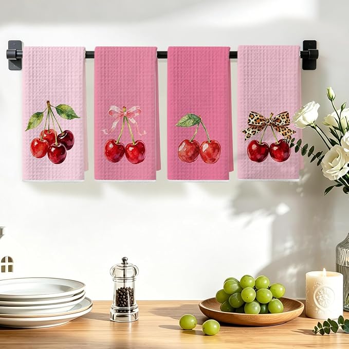 4 Pcs Cherry Hand Towels for Bathroom, Pink Preppy Bow Reusable Dish Towels | Waffle Weave Hand Cloth Tea Towel for Kitchen Bathroom Decor, Cherry Gifts for Women Friend 24x14 Inch