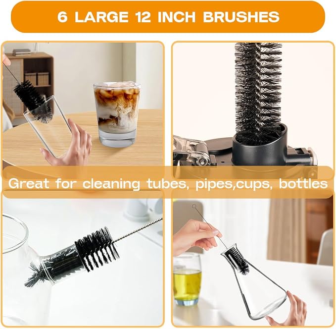 Brush Family Straw Cleaner Brush Set 6 Pieces | 12" Long Pipe Tube Bottle Brushes for Cleaning Narrow Neck Bottles,Coffee Maker,Glass Cups