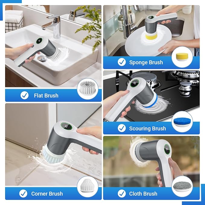 PUFTEM Electric Spin Scrubber, Cordless Shower Scrubber, Gray | Battery Level Display, Dual Speed, 6 Replaceable Brush Heads, IPX7 Waterproof, Long Runtime, Tub, Tile & Sink Cleaning