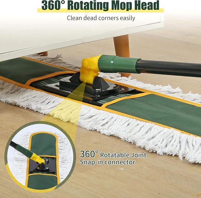 BUVE 24 Inch Commercial Dust Mop Heavy Duty, Dry Wet Dust Broom | 2 Cotton Mop Pads,60 Extendable Handle for Hardwood Floor Laminate Tile Concrete Cleaning,Home Garage Warehouse Use