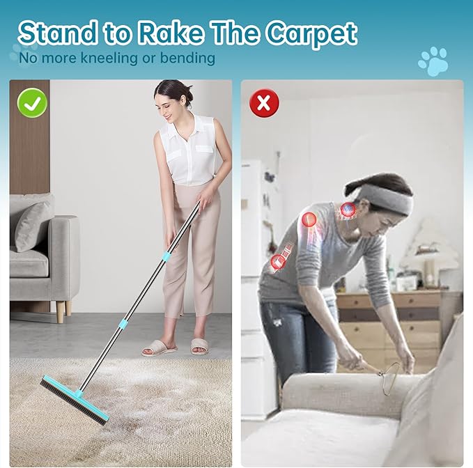 Carpet Rake 60" Long Handle, Pet Hair Remover, Carpet Broom, 3Pcs | Metal Fabric Edge, Carpet Scraper, Rug Rake, Pet Hair Broom, Carpets, Rugs, Mats, Couch, Stairs, Pet Hair Removal Tool