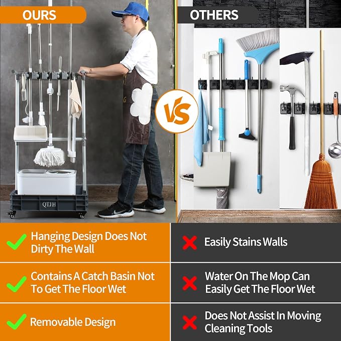 Broom mop holder cleaning supplies organizer janitorial carts on wheels housekeeping station storage tools for garage, garden, closet, cabinet.