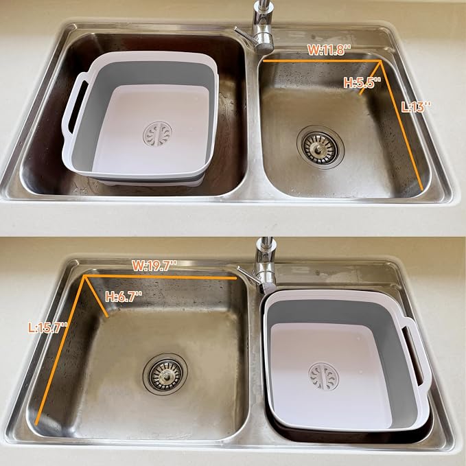 GIMWA Collapsible Wash Basin with Drain Plug - 2.4 Gallon Foldable Kitchen Sink for Baby Bottles, RV Camping, Space-Saving Dish Tub (Gray-Gray)