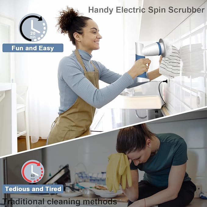 Electric Spin Scrubber, IEZFIX Electric Cleaning Brush Bathroom Shower Scrubbing Cleaner Brush Power Scrubber Cordless with 4 Replaceable Brush Heads for Bathtub, Tile, Floor, Toilet, Kitchen - Blue
