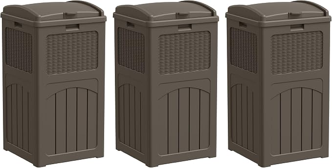 Greesum 33 Gallon Outdoor Trash Can with Lid, 3 Pack, Dark Brown | Waterproof, Resin Garbage Bin for Hideaway, Deck, Patio,
