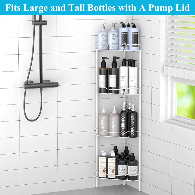 HuggieGems Metal Floor Standing Corner Shower Caddy, White, 4 Tier | Adhesive Bathroom Organizer Shelves, Free Standing Shower Rack with Hooks, Hold Large Shampoo Bottles