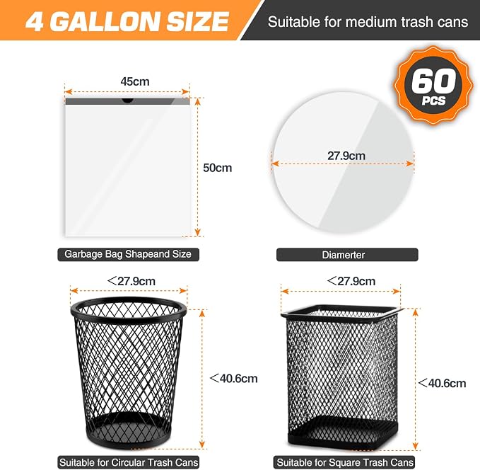 Small Trash Bags 4 Gallon - 60 Count Drawstring Unscented Small Garbage Bags, White Trash Can Liners for Bathroom, Bedroom, Office (Pack of 2)