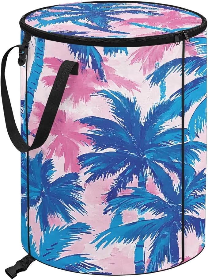 Blue Tropical Palm Trees Collapsible Camping Trash Can with Lid and Handles 24 Gallon Garbage Can Reusable Outdoor Trash Garden Leaf Bin Recycling Waster Bags