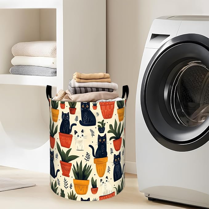 Cute Black Cat with Potted Plants Laundry Basket with Handles, 19.7"x15.7" Clothes Foldable Laundry Hamper Organizer for Dorm Nursery Bedroom Bathroom Decor, Toy Storage Bin for Kids