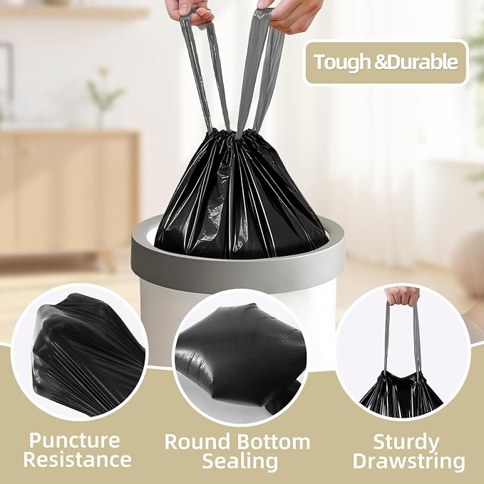 5 Gallon Trash Bags, 440 Count Black Trash Bags Drawstring Small Garbage Bags Thick Pre-separated Unscented Trash Can Liners for Bathroom Office Kitchen Bedroom Home