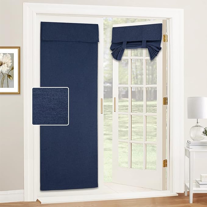 RYB HOME Privacy Door Window Curtains, Rich Linen Texture Room Darkening Window Curtains and Drapes Thermal Insulated Tricia Door Blinds for Patio Doorway, W26 x L80 inch, 1 Panel, Blue