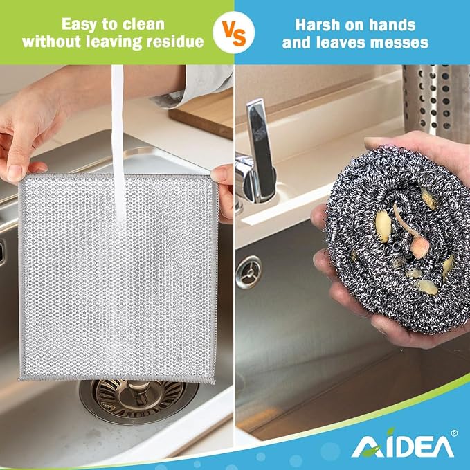 AIDEA Non Scratch Wire Dishcloth 12PK, Dish Cloths for Washing Dishes 7"×8" | Wire Dishwashing Rag for Wet and Dry, Dish Rags No Odor, Cleaning Pads Steel Scrubber for Cookware, Sinks, Dishes, Stove Tops