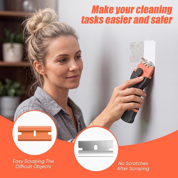 2 Pack Double-Ended Razor Blade Scraper, 30 Blades (Orange) | Multi-Purpose Tool for Glass, Cooktop, Sticker Removal, Paint & Gum Cleaning