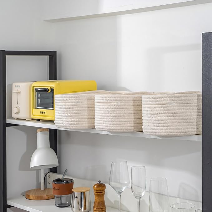 CubesLand Small Storage Baskets for Shelves, Closet Storage Bins | Empty Gift Basket Baby Nursery Woven Baskets for Organizing, Rectangular Clothes Closet Shelves Baskets 3 Packs Off White