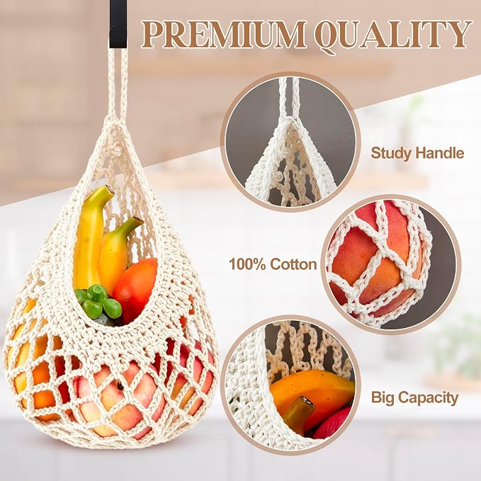 3 Hanging Baskets,White,Crochet,Cotton Rope | Wicker Wall Baskets with Hooks for Fruit Vegetable Onion Storage, Teardrop Organizer for Kitchen, Boho Farmhouse Decor