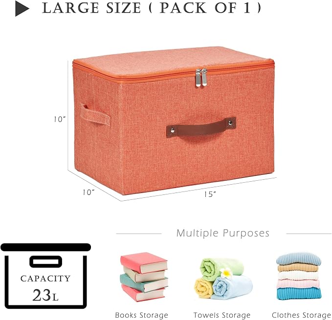 Storage Bins with Zipper Lids Decorative Lidded Baskets Boxes | Clothes Container, Closet Shelf Organizer, Foldable Washable, Cotton Linen Fabric, w/ PU Leather Handles, Orange, Large