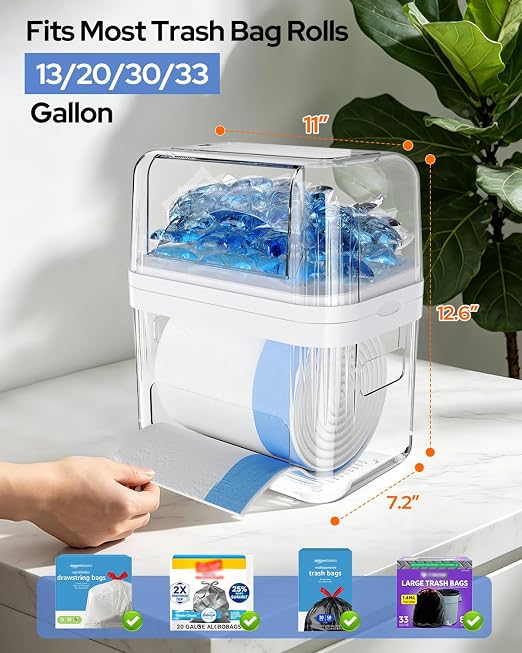 Trash Bag Dispenser & Dishwasher Pods Container, 3 in 1 Clear Acrylic Garbage Bags Holder Under Sink Organizer Laundry Pods Dishwasher Tabs Storage Box for Laundry Room and Kitchen Cabinet