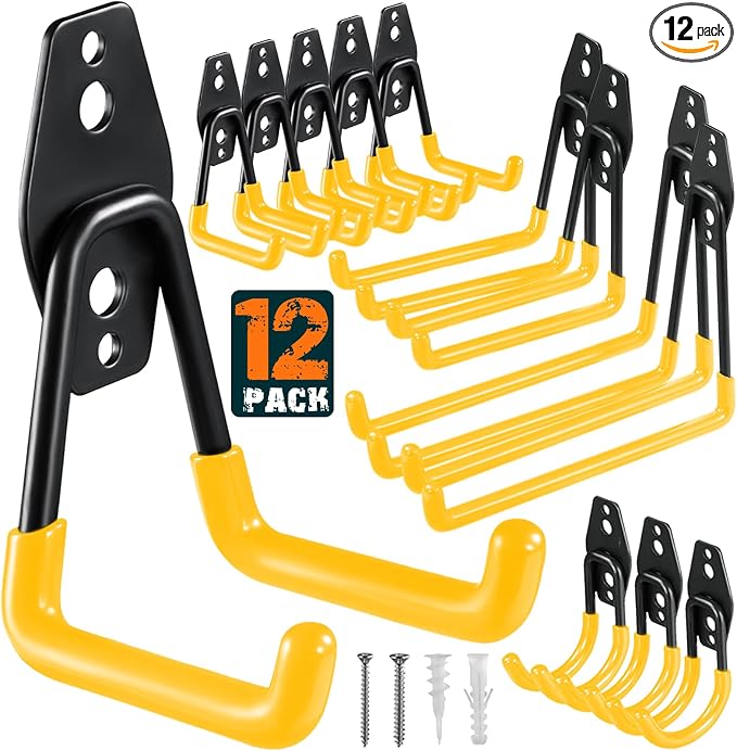 HUPBIPY 12 Pack Garage Hooks Heavy Duty, Wall Mount Ladder Hooks | Storage Organizer With a non-slip coating for Hanging Bicycles Garden Tools Ladders Hoses Ropes and Loose Items(Yellow)
