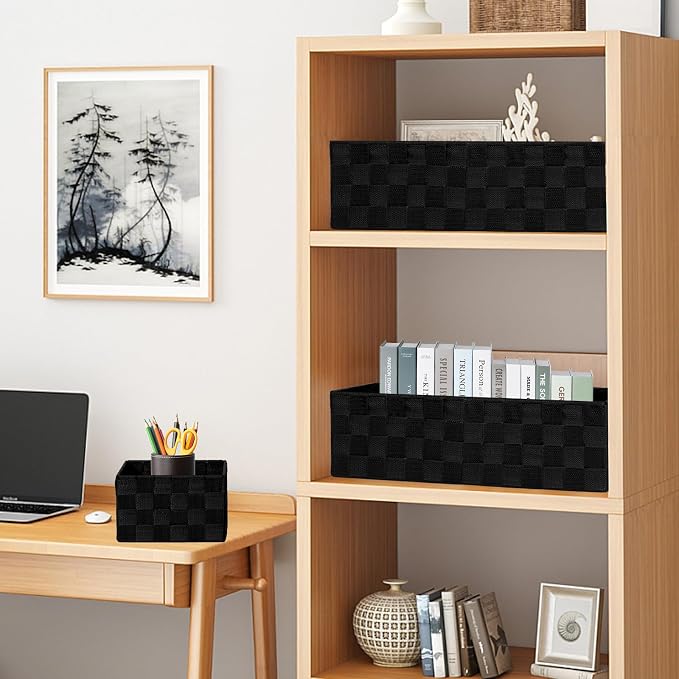 Set of 7 Nested Woven Cube Baskets, Drawer Organizers in Multi-sizes | Shallow Storage Bins for Organizing Desk, Dresser, Kitchen, Pantry