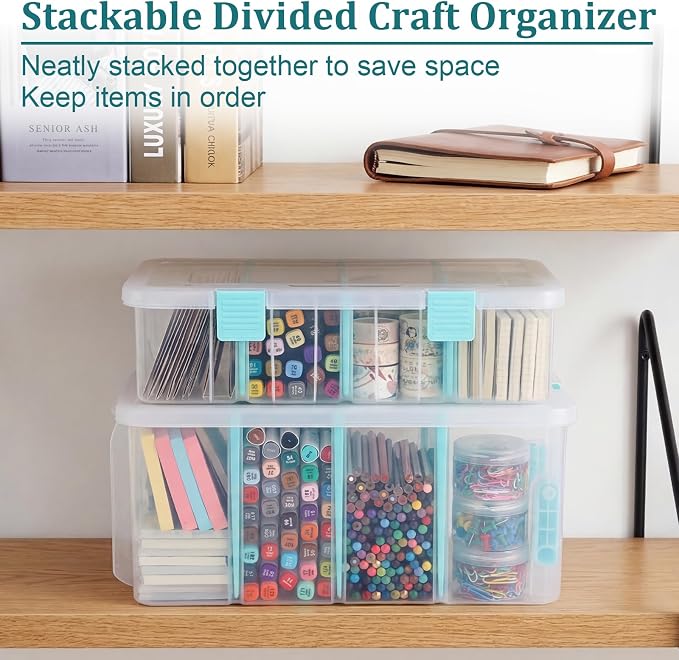 BTSKY Clear Plastic Dividing Storage Box with 4 Deep Compartment Sewing Box | 13.9x7.9x6.2 Inches Adjustable Storage Bin with Lid Portable Craft Storage Container Multipurpose Art Supply Organizer Blue