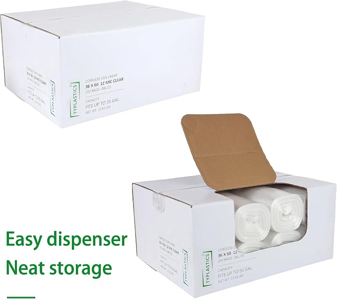 TYPLASTICS 55 Gallon Clear Trash Can Liners - 36" x 60" | High Density Garbage Bags - Case of 200 - Multipurpose for Office, Outdoor, Recycling, Industrial and Commercial