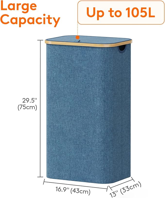 Lifewit 105L Laundry Basket with Lid, Clothes Hampers for Laundry with Bamboo Handles and 1 Removable Bag, Large Foldable Laundry Hamper for Bedroom, Bathroom, Dorm, Laundry Room, Dark Blue