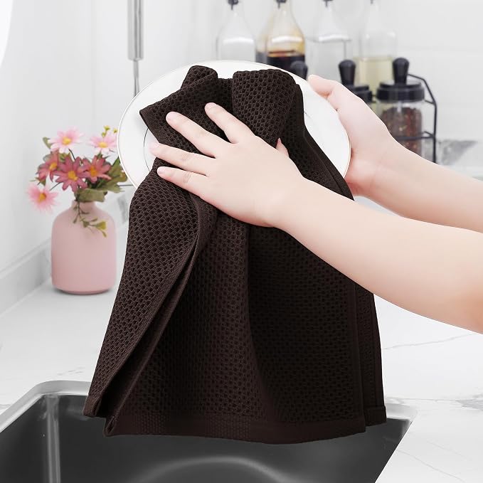 Homaxy 100% Cotton Waffle Weave Kitchen Dish Towels 18-Pack, Dark Brown | 13 x 28 Inches, Ultra Soft Absorbent Dish Towels, Quick Drying Cleaning Towels