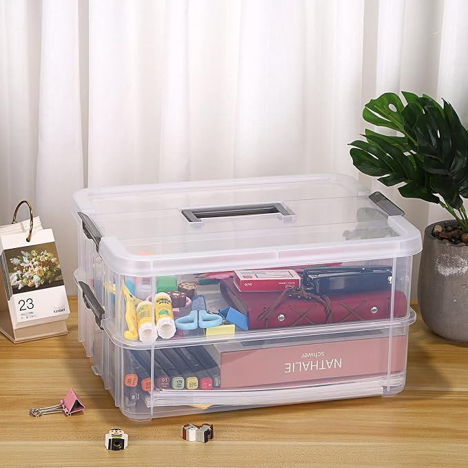 BTSKY 2 Layer Stack & Carry Box, Plastic Multipurpose Portable Storage Container Box Handled Organizer Storage Box for Organizing Stationery, Sewing, Art Craft, Jewelry and Beauty Supplies Dark Grey | Multipurpose Craft Organizers and Storage for Organ...