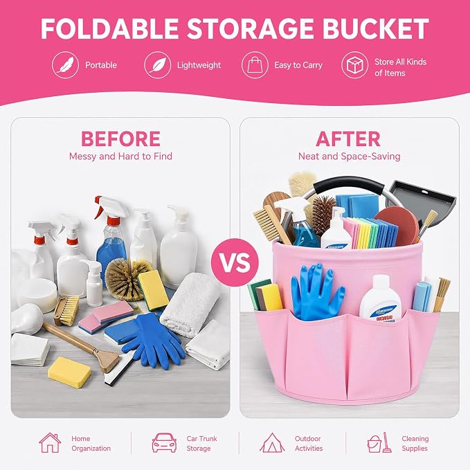 Cleaning Caddy with Handle, 17L Foldable Storage Basket, Heavy Duty 600D Oxford Cloth Organizer, Portable Supply Bag, Multi-Purpose Supplies Caddy for Home, Bathroom, Kitchen, Garden - Pink